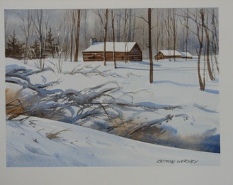 Country cabin painting, log cabin artwork, Winter landscape painting, cabin wall decor, signed original watercolor, #242