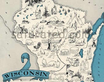 Wisconsin Map Vintage - High Res DIGITAL IMAGE of a 1930s Vintage Picture Map - Instant Art - Fun Charming