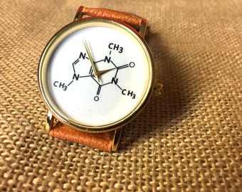 Cats watch, engraved watch, Yoga watch, world map watch, Leather watch band, chemistry physics, atomic