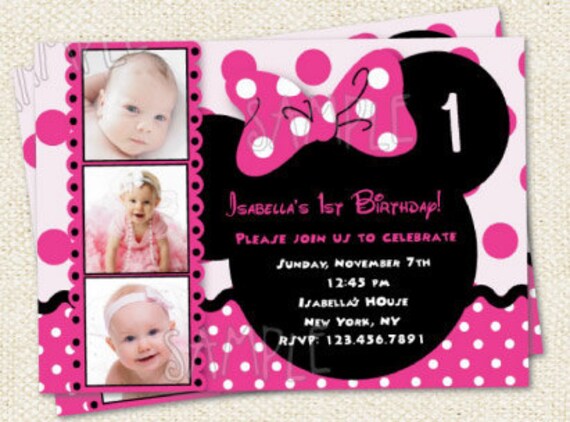 Minnie Mouse Inspired Custom Photo Birthday Party Invitations