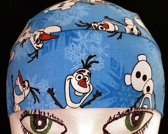 Olaf from the movie Frozen Chemo Cap, Skull Cap, Handmade, Do Rag, Hair Loss, Bald, Head Wrap, Bandanna, Alopecia, Surgical Cap, Hats, Caps