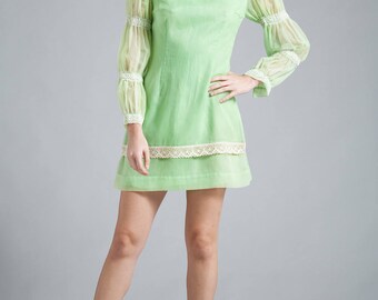 vintage 60s mini babydoll dress lime green pleated shirring sleeves lace trims SMALL S