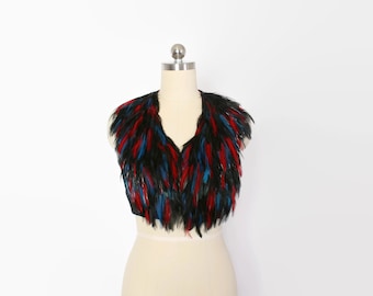 Vintage 70s Feathered VEST / 1970s Boho Cropped Black Teal & Red Genuine Feather Waistcoat