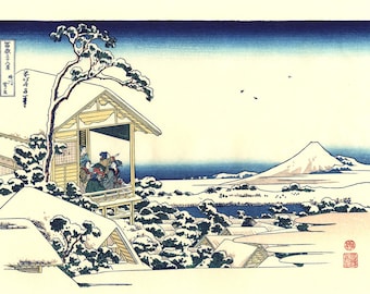 Japanese Ukiyo-e Woodblock print, Katsushika Hokusai, "Tea house at Koishikawa, from the series Thirty-six Views of Mount Fuji"