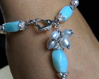 Peruvian Blue Opal bracelet freshwater white pearls bracelet Cluster natural gemstone blue white blue opal Pearls charm bracelet