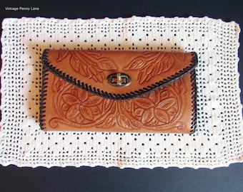 Vintage Mexican Hand Tooled Leather Wallet Clutch, Boho / Bohemian Floral Accessories