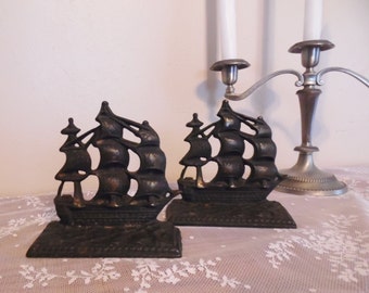 Cast Iron U.S.S. Constitution Bookends Colonial War Ship 17th Century Decor Clipper Ship Old Ironsides Warship US Navy American History