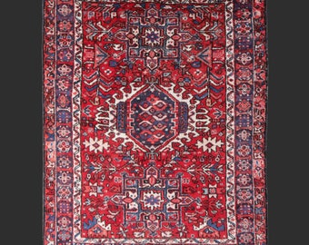 Persian Rug Heriz antique 5.1 x 3.8 ft ft / 151 x 115 cm vintage red pink blue carpet Karaja 5 x 4 ft slightly worn distressed
