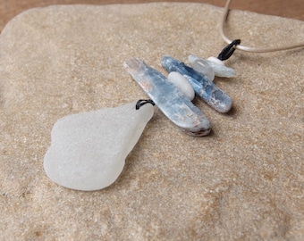 Kyanite, sea glass, pebble necklace - blue white jewelry - ethical sourced & handmade in Australia