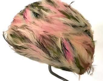 Vintage 1960s Christian Dior pink white black green festher toque hat