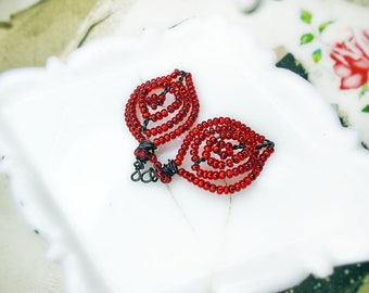 Handmade Bead and Wire Charms | 2 Rustic Leaves | Dark Steel Wire, Sparkly Red Glass Seed Beads | Lightweight Charms | Earring Supply