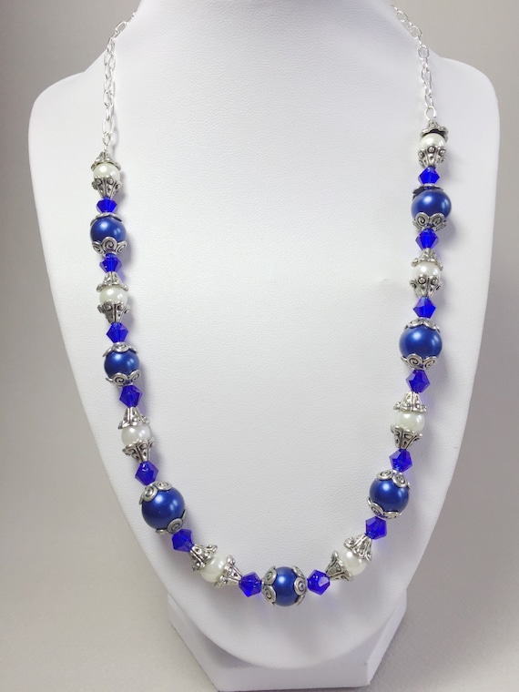 Blue and White pearl necklace Blue pearl necklace White