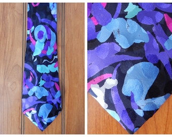 Men's Vintage 90s Dino Baldini 100% Silk Bold Modern Abstract Printed Neck Tie / Black Purple Teal / Made in Italy