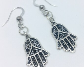 Hamsa Earrings, Hand of God Dangle Earrings, Silver Hamsa Hand, Hand of Fatima, Dangle Earrings, Silver Hamsa Jewelry
