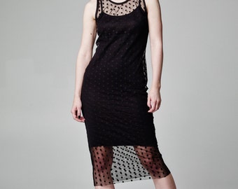 Black Tulle Dress, See Through Dress, Polka Dot Dress, Sheer Dress, Black Mesh Dress, Dotted Dress, Black Midi Dress, Sheer Black Dress