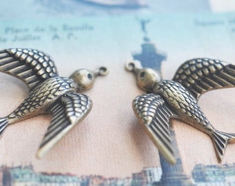 TWO Brass Sparrow Charms with tipped wings, Brass Ox, Brass Stampings made in the USA, Pendants, jewelry making and crafting