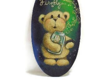 Dance Little Firefly Sign | Hand Painted Oval Plaque | Teddy Bear With Jar of Fireflies