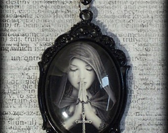 Large Glass Cameo Cabochon Pendant Necklace - Gothic Prayer - Statement Necklace