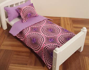 Bedding set for 1:6 scale bed/ 1 6 scale quilt and pillows/ 1 6 scale linens/ playscale bedding/ barbie size bedding/ doll bed linen/ purple