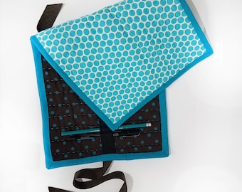 Quilted Pencil Case - Brown/Teal Polka Dots