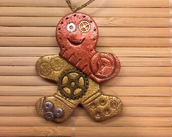 Gingerbread Man Steampunk Christmas Ornament - Holiday Decor Ready to Ship Polymer Clay style 11