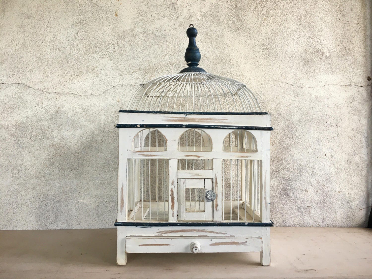 Distressed French Country vintage bird cage wood metal, decorative bird