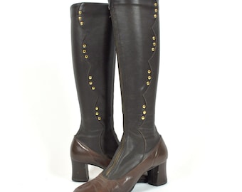 Brown Scalloped Studded 60s GoGo Boots Size 6