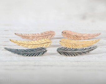 Sterling Silver Ear Cuff Feather Ear Climber Pin Earrings Boho Jewelry - FES018
