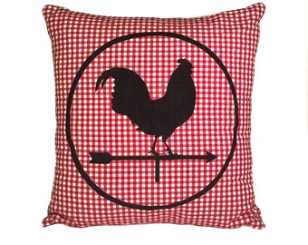 Rooster Pillow, Handpainted, Plaid Pillow Cover, Farmhouse Decor, Red Plaid Cushion, Housewarming Gift