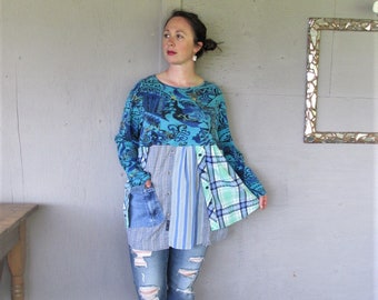 recycled clothing up cycled tunic spring dress upcycled tshirt 2 X Wearable Art plus size dress turquoise tunic Bohemian LillieNoraDryGoods
