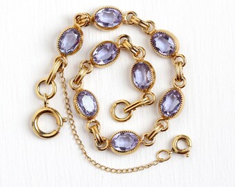 Color Change Bracelet - Vintage 12k Yellow Gold Filled Purple to Blue Glass Stones - Retro 1960 Oval February Birthstone Color Jewelry