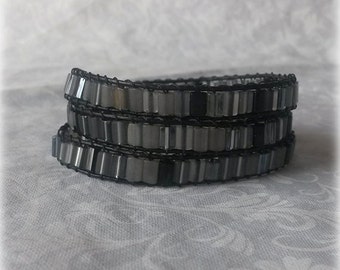 Black and Grey Wrap Bracelet - Black and grey beads and black leather