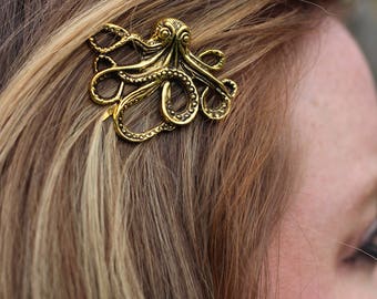 Octopus, Single Gold Octopus Bobby Pin, Gold Colored Octopus, Octopus Hair Accessory, Sea Creature, Gold Kraken, Kraken, Kraken Bobby Pin