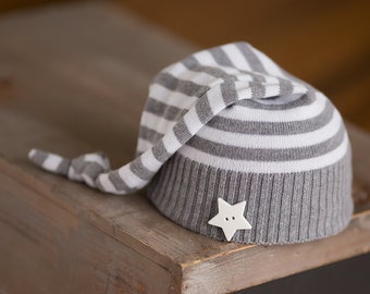 Newborn Boy Hat, Gray Newborn Hat, Upcycled Newborn Hat, Newborn Photography Prop, Newborn Star Hat, Newborn Knot Hat, Striped Newborn Hat