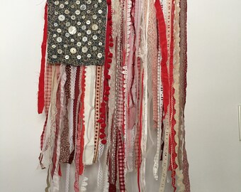 Textile Flag Wall Hanging Rag Flag Recycled Fabric American Flag Hanging w Antique Mother of Pearl Buttons Lace Scrap Fabric Red White Blue