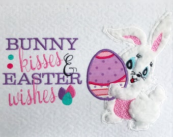 Easter bunny holding egg Applique design and bunny kisses & Easter wishes Embroidery Saying- INSTANT DOWNLOAD Digital File