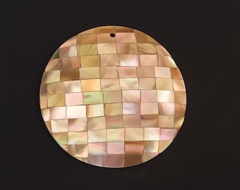 Round Shell Pendant, Inlaid Pendant, Large Shell Pendant Brownlip Mosaic 50mm round