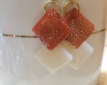 By Wishingwell, elegant cream and rust dangle earrings with gold sparkle embellishment, great for any occasion gift giving
