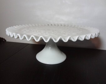 Vintage Fenton Spanish Lace Milk Glass Pedestal Cake Stand/Plate Ruffled Edge - Wedding/Shower Cake Stand
