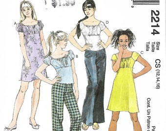 McCall's 2214 Girls Empire Waist Dress Or Top And pants Sewing Pattern, Size 12-16, UNCUT