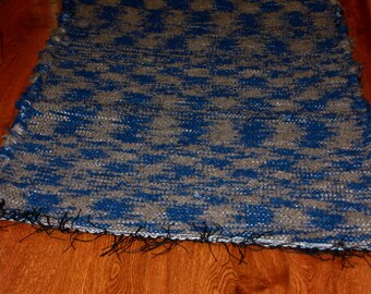 Homemade Loom Woven Blue, Tan Wool Shag Rug 30" X 70"