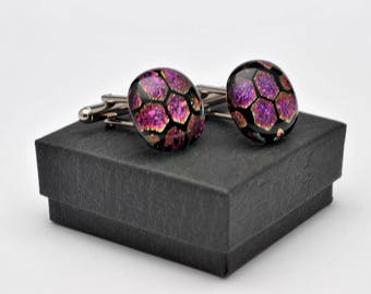 Purple hexagonal dichroic fused glass cufflinks