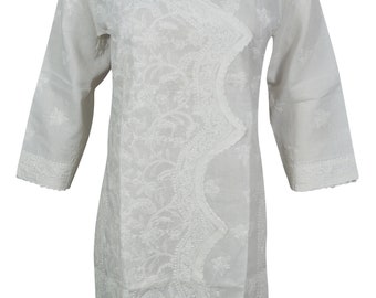 Stylish Long Tunic Dress Cotton Floral Embroidered Ethnic Wear Indian Style White 3/4 Sleeves Summer Cover Up Dresses S