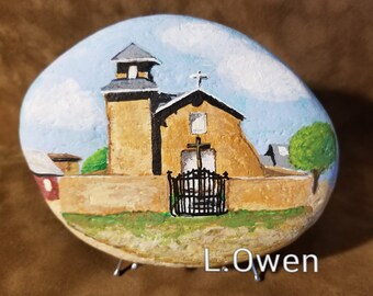Old Truchas Mission of Holy Rosary painted rock