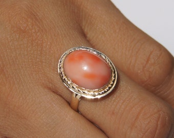 Pink Coral Gold Ring, Original And Genuine Oval Shape Pink Coral 14K Yellow Gold Ring Size 8 Jewelry