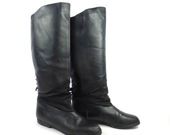Black Leather Boots Vintage 1980s Tall Flat Women's size 6
