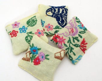 4 Dried Lavender Sachets - Sunny Yellow - Blue Birds - Embroidered Sachets - Stocking Stuffers - Vintage Linens - Embroidery - Party Favors
