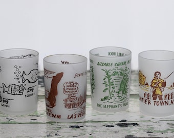 Vintage Souvenir Hazel Atlas Frosted Shot Glasses Bait Bucket, Las Vegas, New York