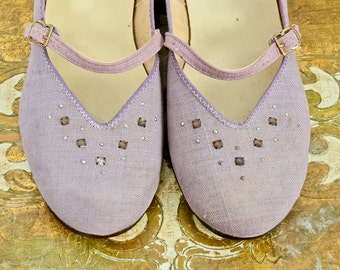 1950s Rhinestone Studded Lavender Mary Jane Flats Size 6