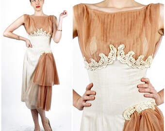 Vintage 60's Fitted Ivory Wiggle Dress with Pleated Illusion Bodice, Lace Accents, Asymmetric Side Poof by Paula Lynne | XS